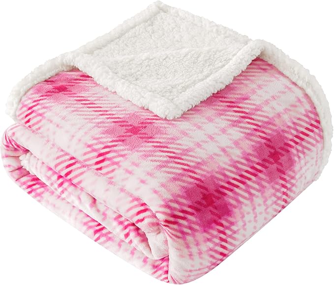Touchat Sherpa Plaid Throw Blanket, 60" X 70" Fuzzy Fluffy Cozy Soft Blanket, Fleece Flannel Plush Twin Size Microfiber Blanket for Couch Bed Sofa, White&Pink