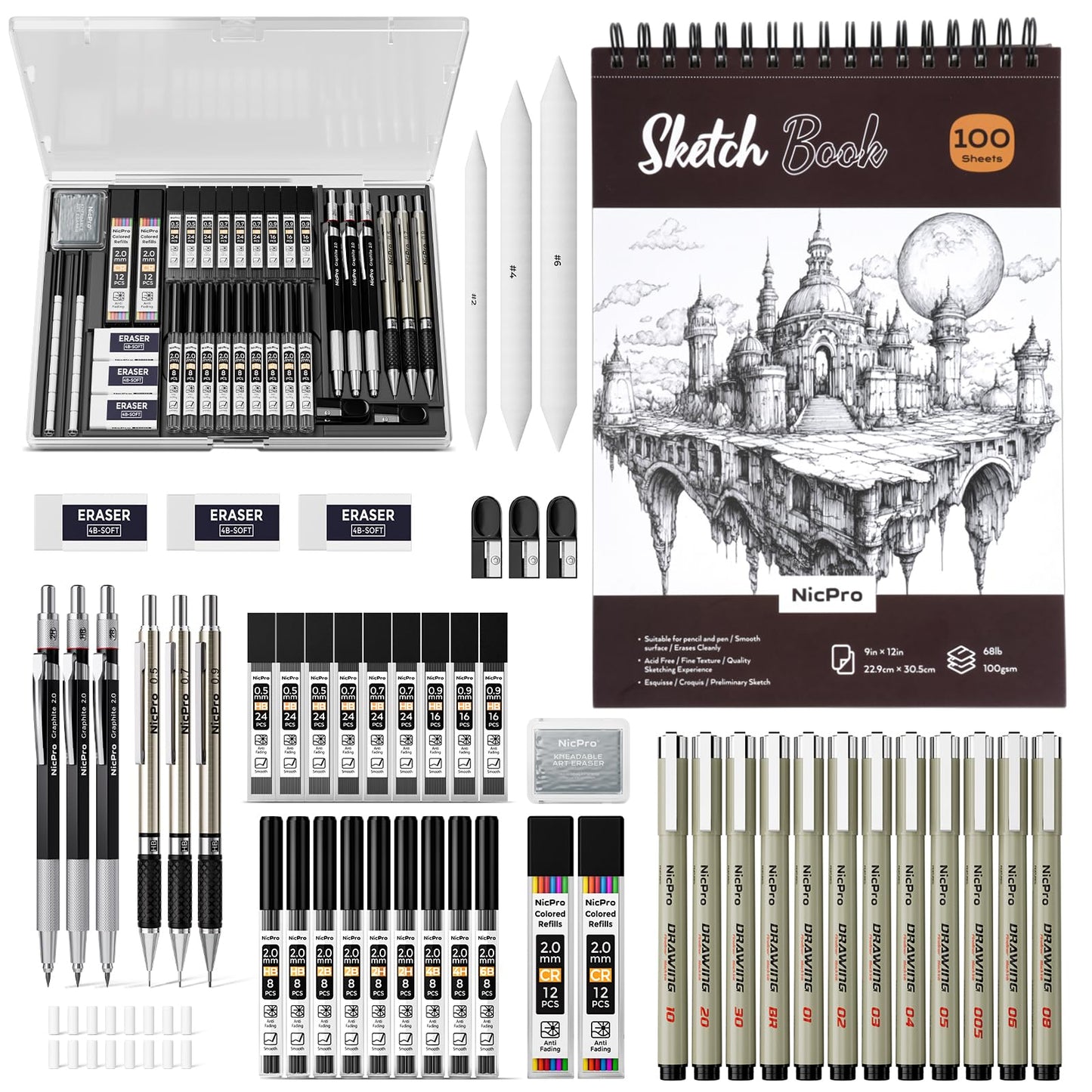 Nicpro 52PCS Art Drawing Supplies Kit, Metal Mechanical Pencil Set 0.5, 0.7, 0.9 & 2mm, 9x12 Sketch Book, 12 Fineliner Pens, 20 Tubes Leads, School Supplies Drawing Kit for Artist Adults Sketching