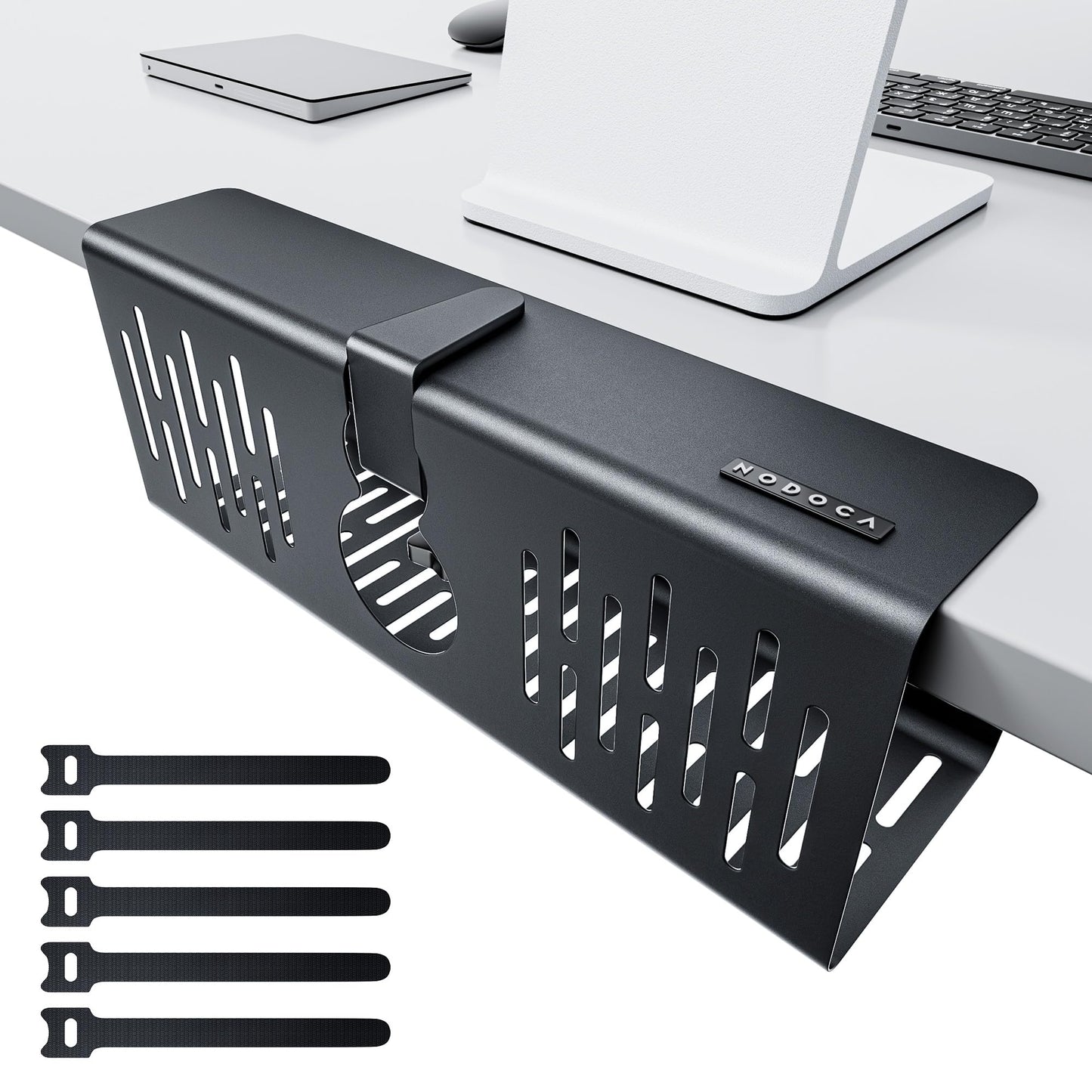 NODOCA No Drill Under Desk Cable Management Tray, 14'' Wire Management, Punch-Free Clamp on, Metal Cable Tray, Wire Organizer Under Desk, Under Desk Basket for Office and Home, Black