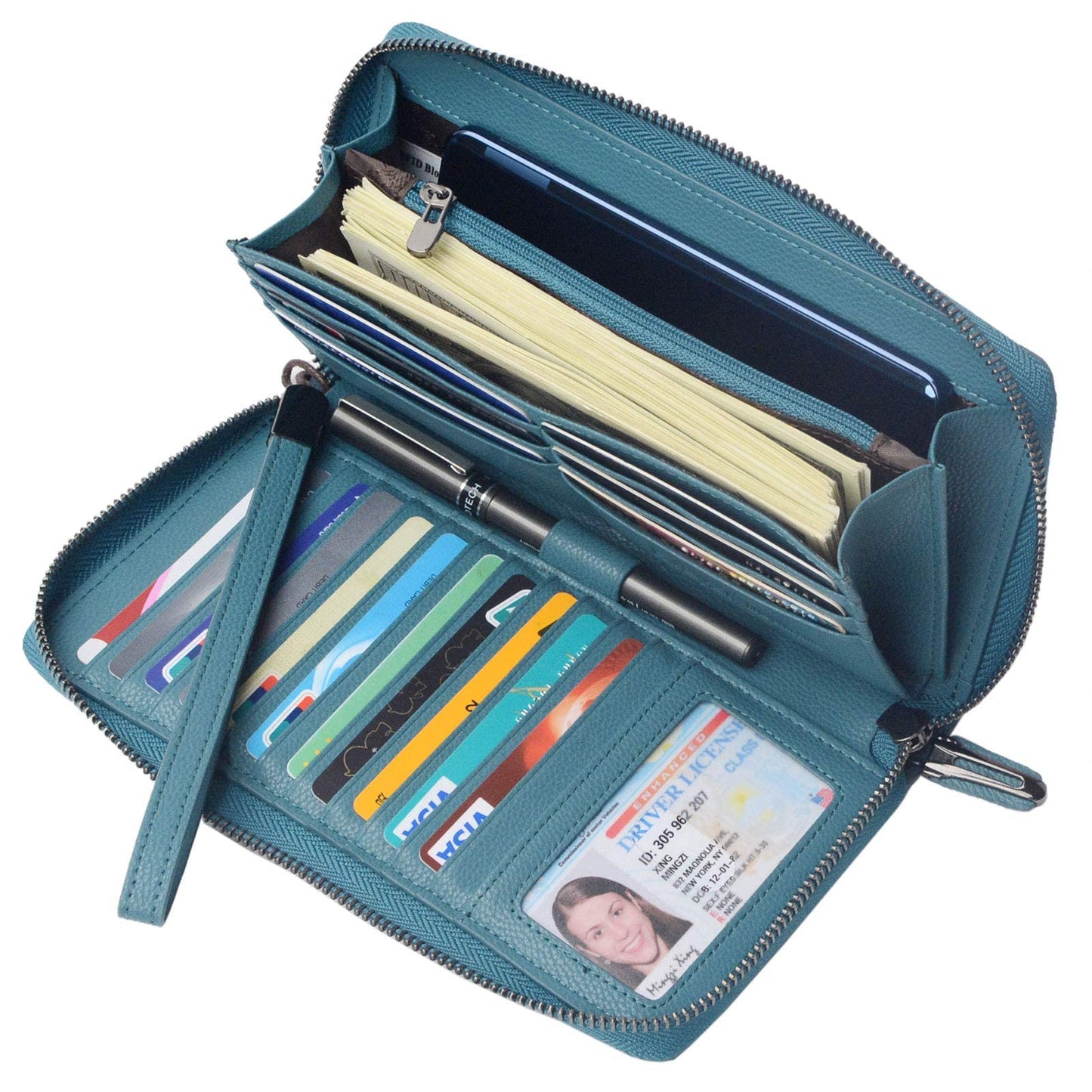 Bveyzi Women RFID Blocking Wallet Leather Zip Around Phone Clutch Large Capacity Ladies Travel Purse Wristlet (Lake Blue)