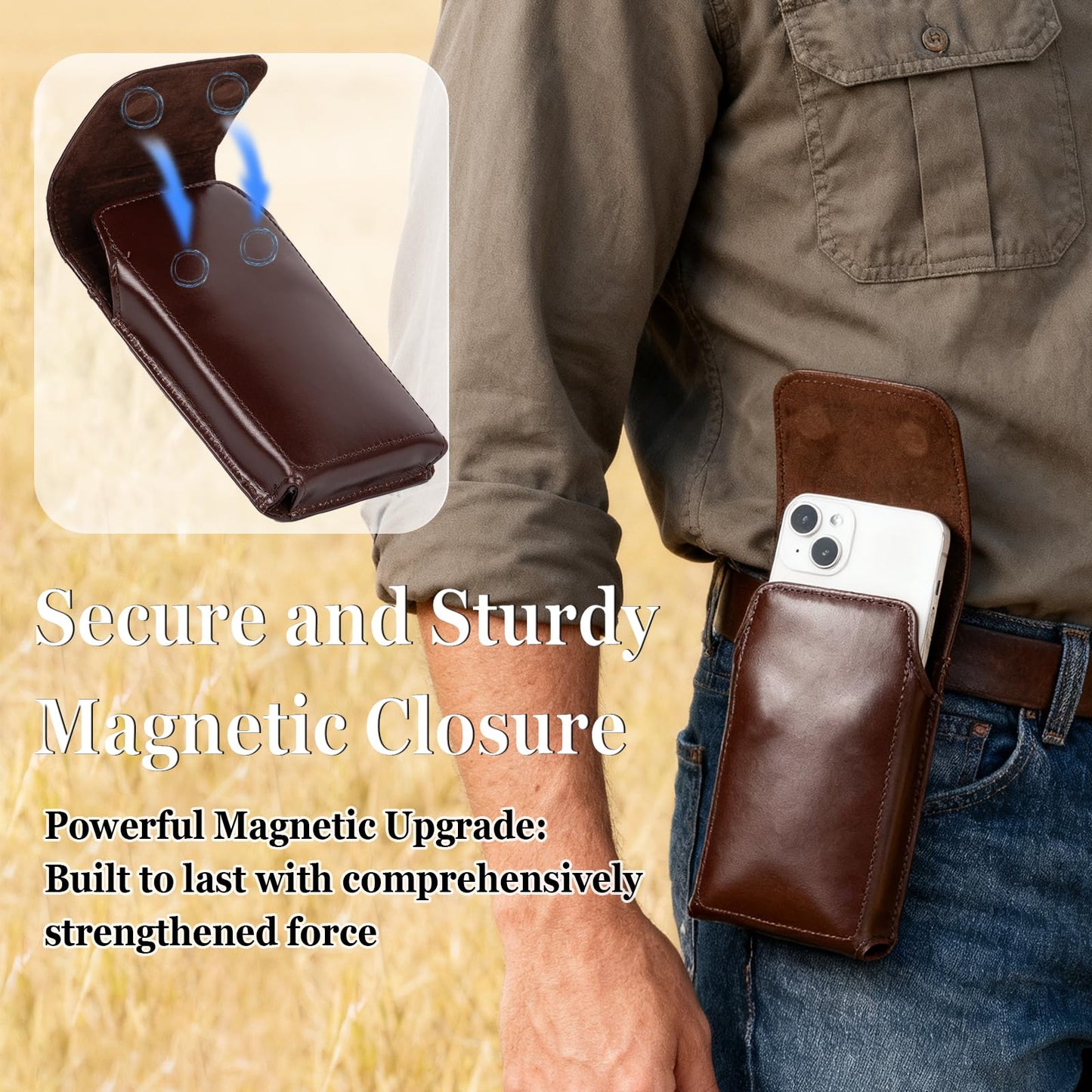 Ariscobull - Leather Phone Holster - Genuine Full-Grain Buffalo Leather Cell Phone Holsters - for iPhone 16, 15, 14, 13pro, Galaxy S24, S23, S22-7.3" X 3.8" (Coffe, Large)