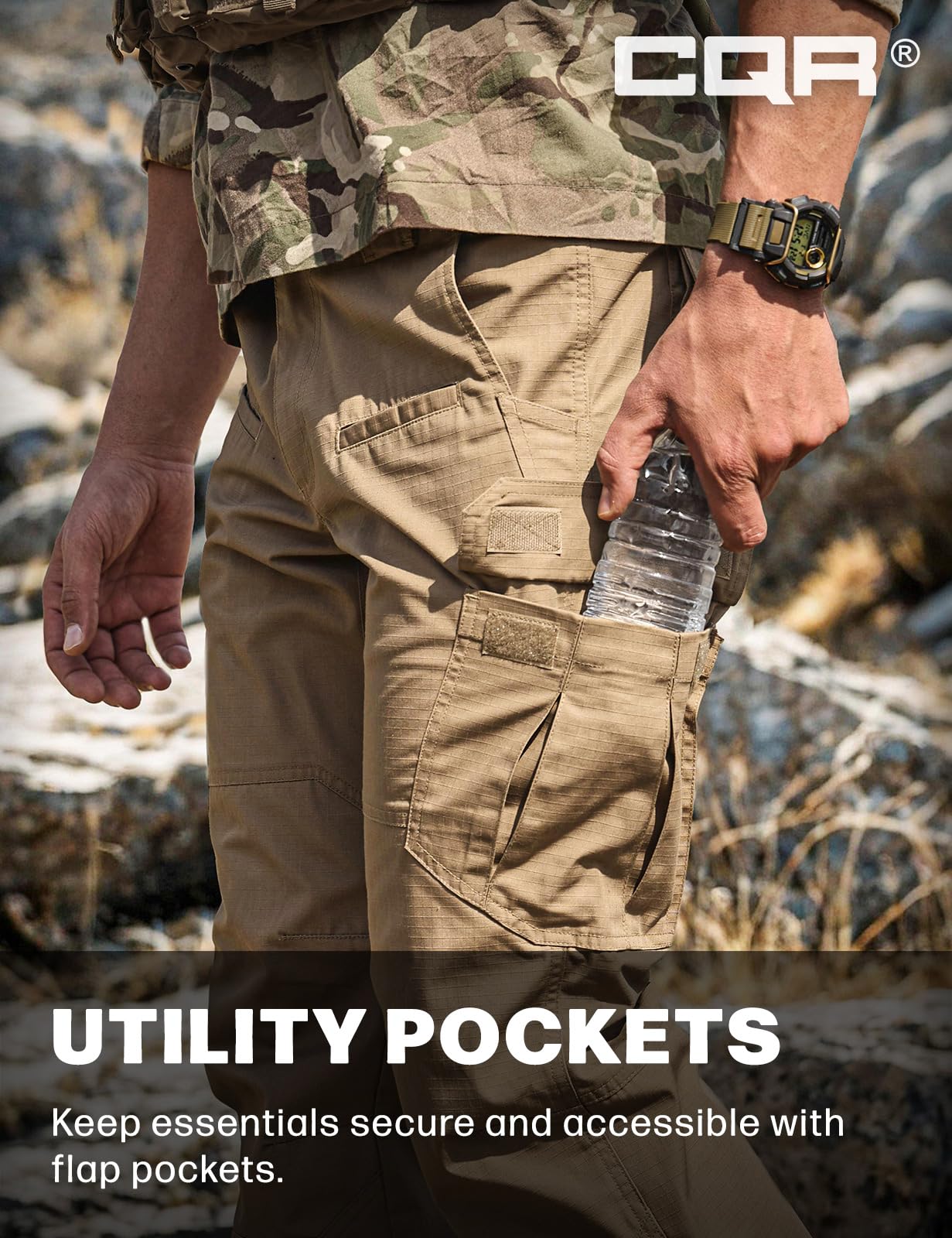 CQR Men's Tactical Pants, Water Resistant Ripstop Cargo Pants, Lightweight EDC Work Hiking Pants, Outdoor Apparel, Raider Cougar, 32W x 34L