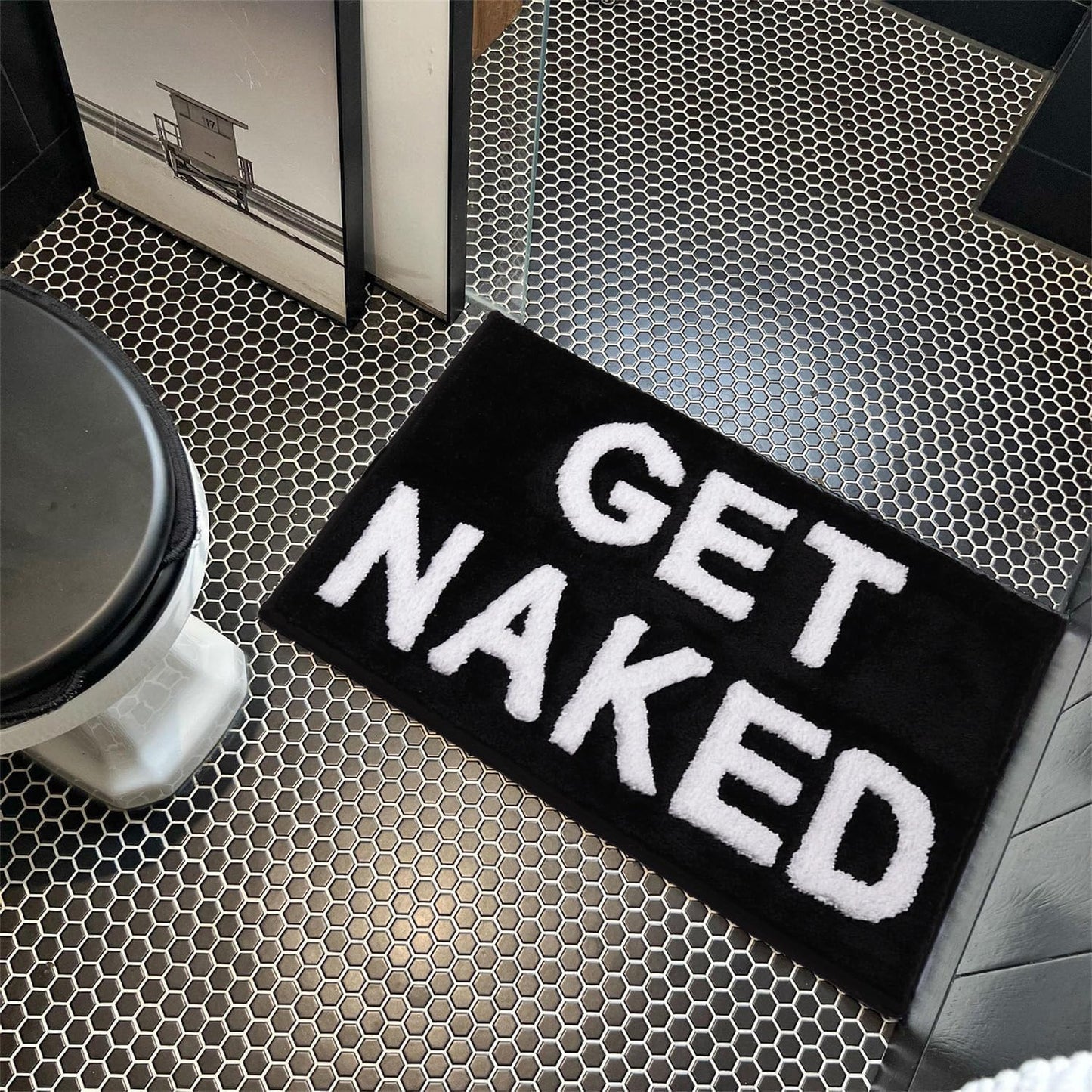 KOEXM Get Naked Bath Mat Cute Bathroom Rugs 16" x 24" Non Slip Absorbent Black Bath Rug for Bathroom Floor and Shower Funny Decor for Apartment, Machine Washable