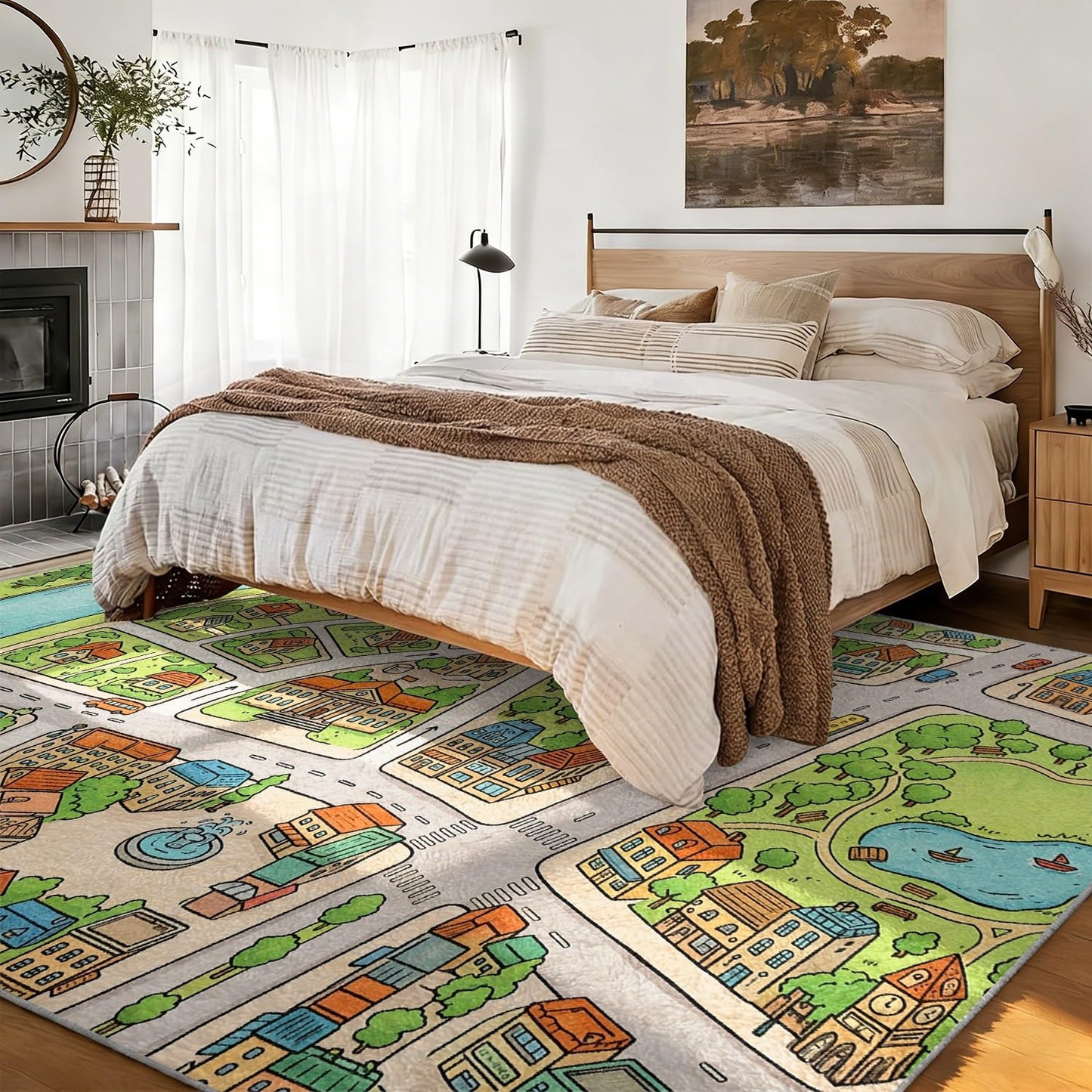 City Road Map Area Rug, 5x8ft, Educational Town Life Traffic Map Floor Carpet for Boys and Girls Bedroom, Fun Learning Play Mat, Machine Washable Low Pile Comfy Soft Rug for Living Room