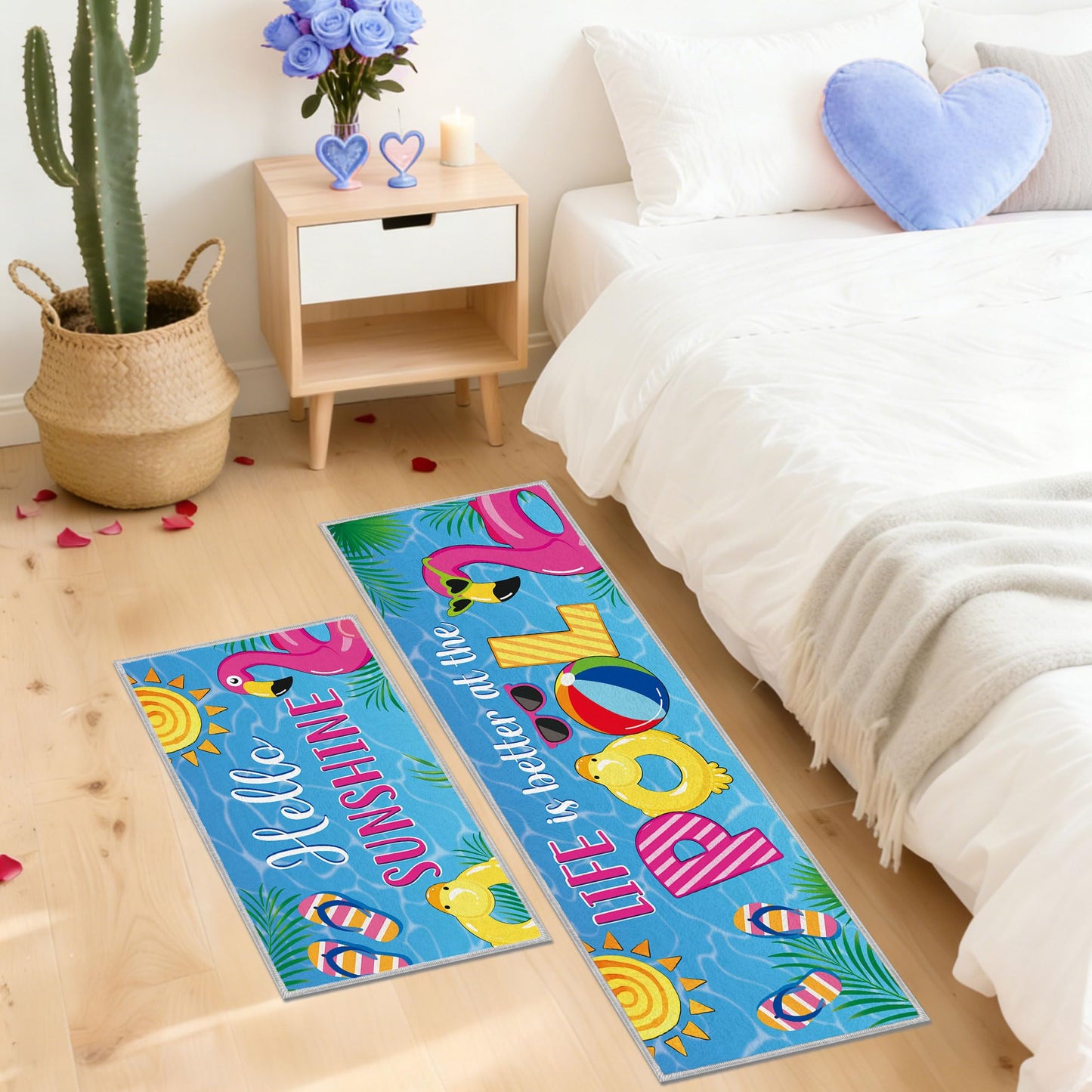 Romart Summer Kitchen Rugs Set, 2 Pcs Pool Party Flamingo Tropical Runner Rug and Floor Mat, Summer Kitchen Decor for Home Indoor Sink Area (16" x 28" & 16" x 47")