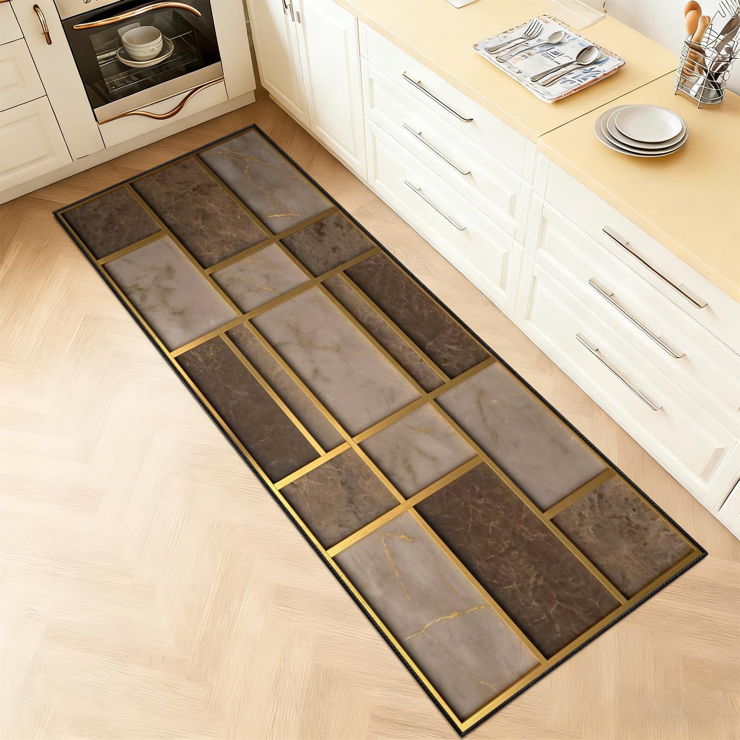 Abstract Brown Runner Rugs 2x10ft, Mid Century Rug for Hallways Gold Brown Geometry Runner Rugs Non Slip Kitchen Mats - Exciting Abstract Decorative Carpet