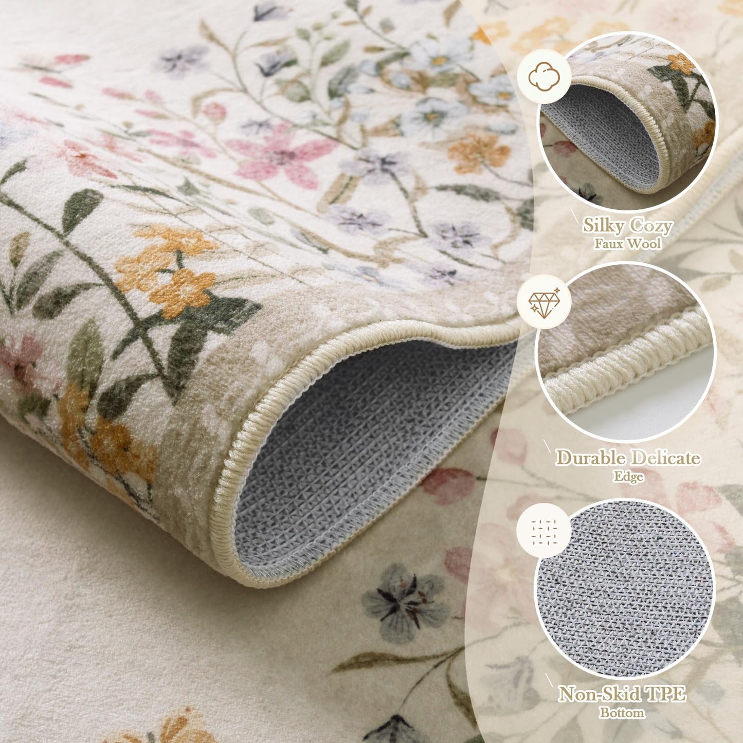 Wonnitar 4x6 Washable Area Rug, Boho Floral Bedroom Rug, Botanical Carpet for Nursery, Beige Non Slip Office Rug, Farmhouse Kitchen Kids Playroom Decor (4x6 Beige)