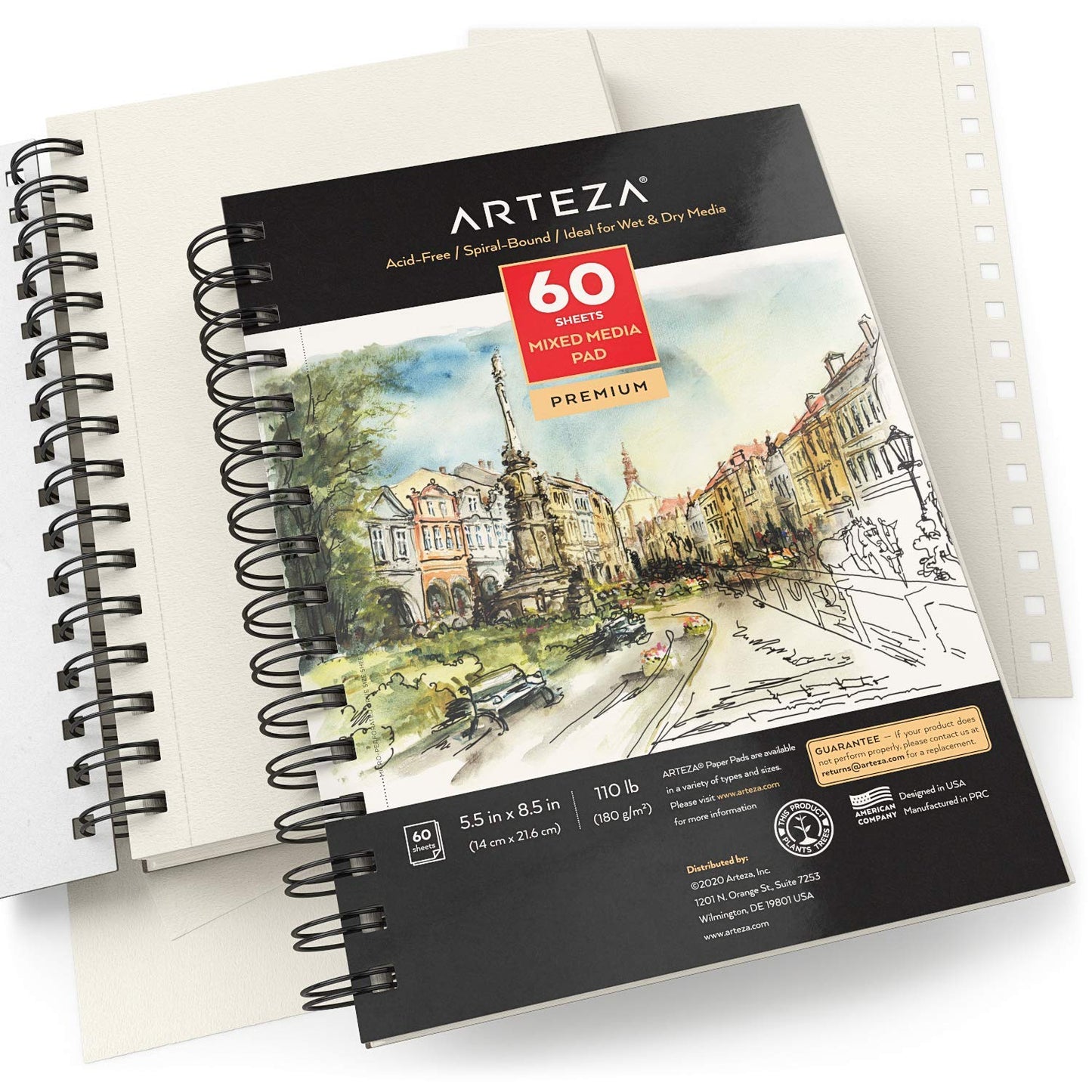 ARTEZA Mixed Media Sketchbook, 5.5 x 8.5 Inches, Pack of 1, 60 Sheets, Micro-Perforated Spiral-Bound Paper Pad for Wet and Dry Media