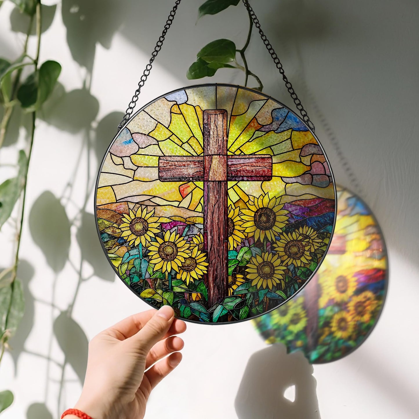 Stained Glass Suncatcher, Sunflower & Cross Sun Catcher Ornament; Stained Glass Window Hanging, Christmas Ornament, Christian Home Decor; Baptism Gift, Christian Gifts, Religious Gifts
