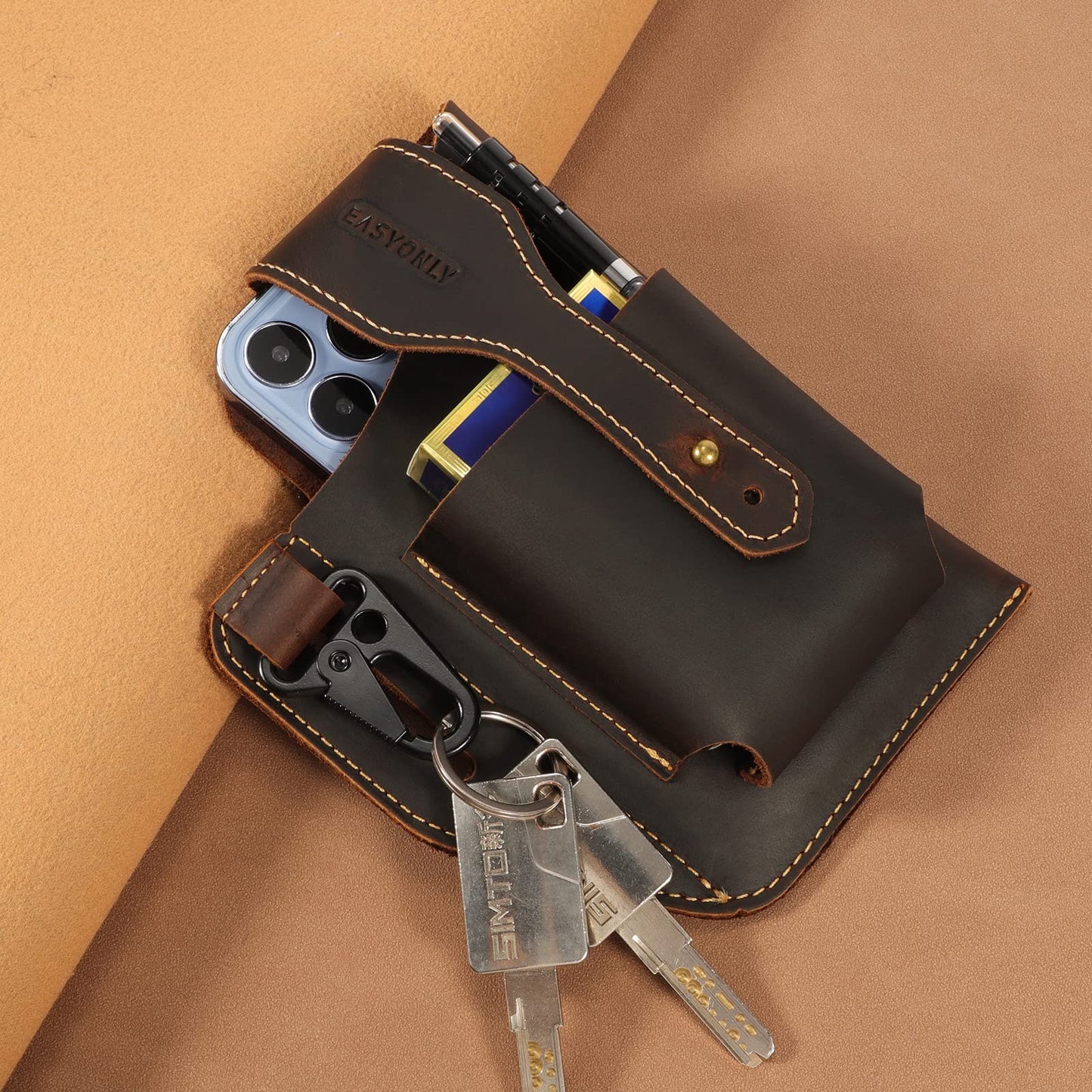 Genuine Leather Phone Holster,Universal Cell Phone Case with Snap Closure & Belt Clip, Leather Pouch for iPhone 16/15/14 Pro Max & Samsung Galaxy S24/S23 Ultra,Universal Belt Pouch for Men with Case