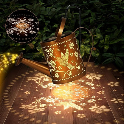 Outdoor Hanging Solar Lantern Waterproof Metal Openwork Hummingbird Watering Can Landscape Lights with Shepherd Hook for Porch Lawn Driveway Backyard Pathway Mom Grandma Gifts