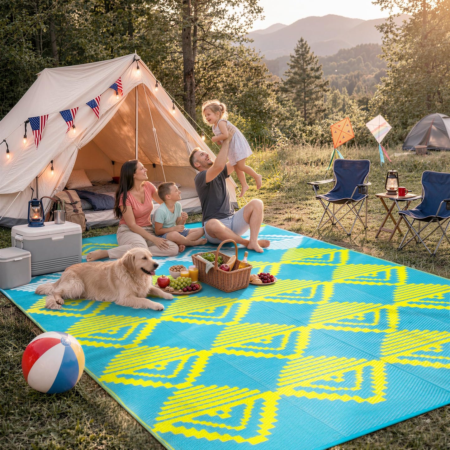 Beeiva Outdoor Rug 8x10 Waterproof for Patio, Reversible Outdoor Patio Rug for Backyard, Deck, Blue Yellow