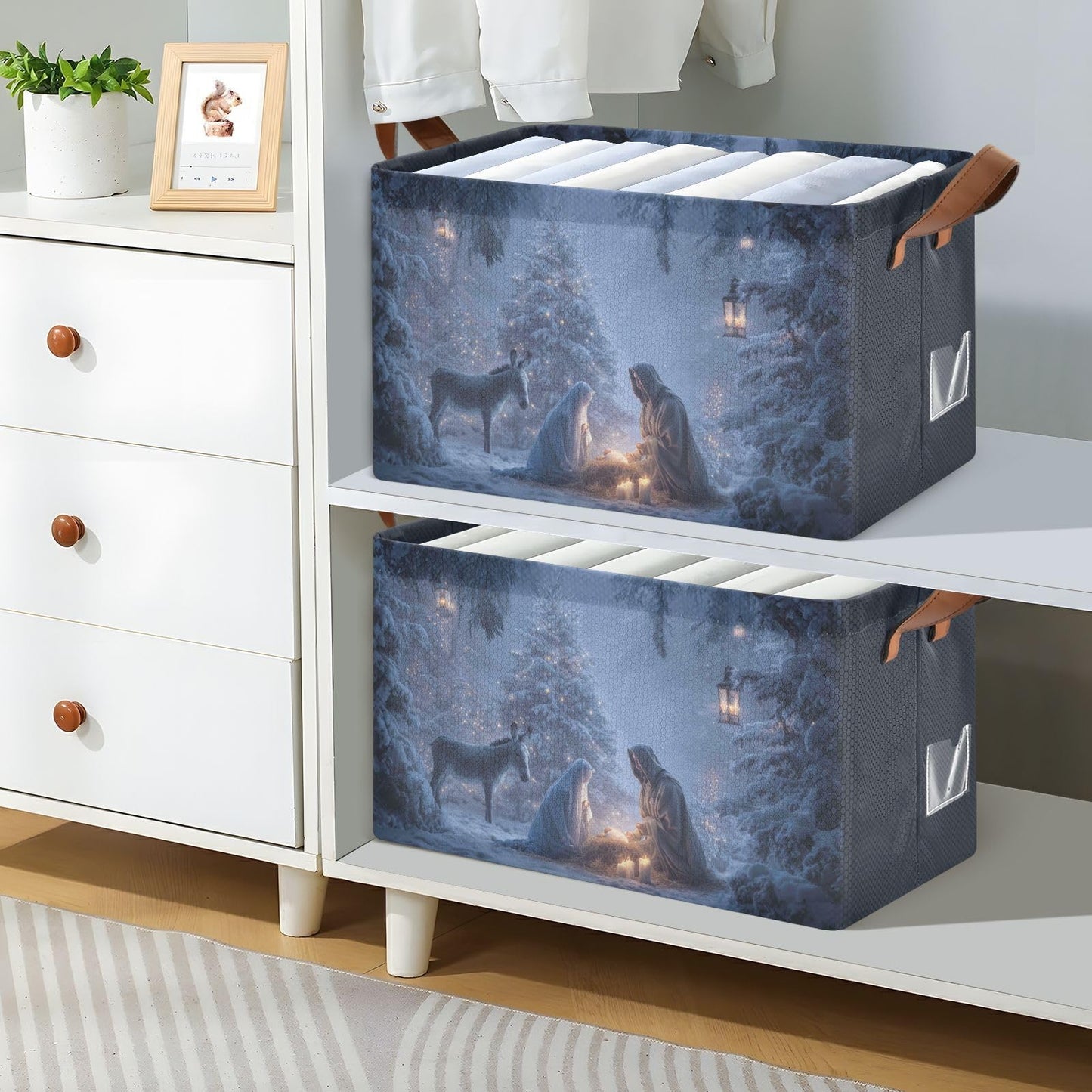 Christmas Nativity Scene Storage Basket Foldable Cube Storage Bins with Handles&Label Waterproof Collapsible Organizer Box Bin Large Rectangle Decorative Baskets for Shelves Home Room Laundry Indoor