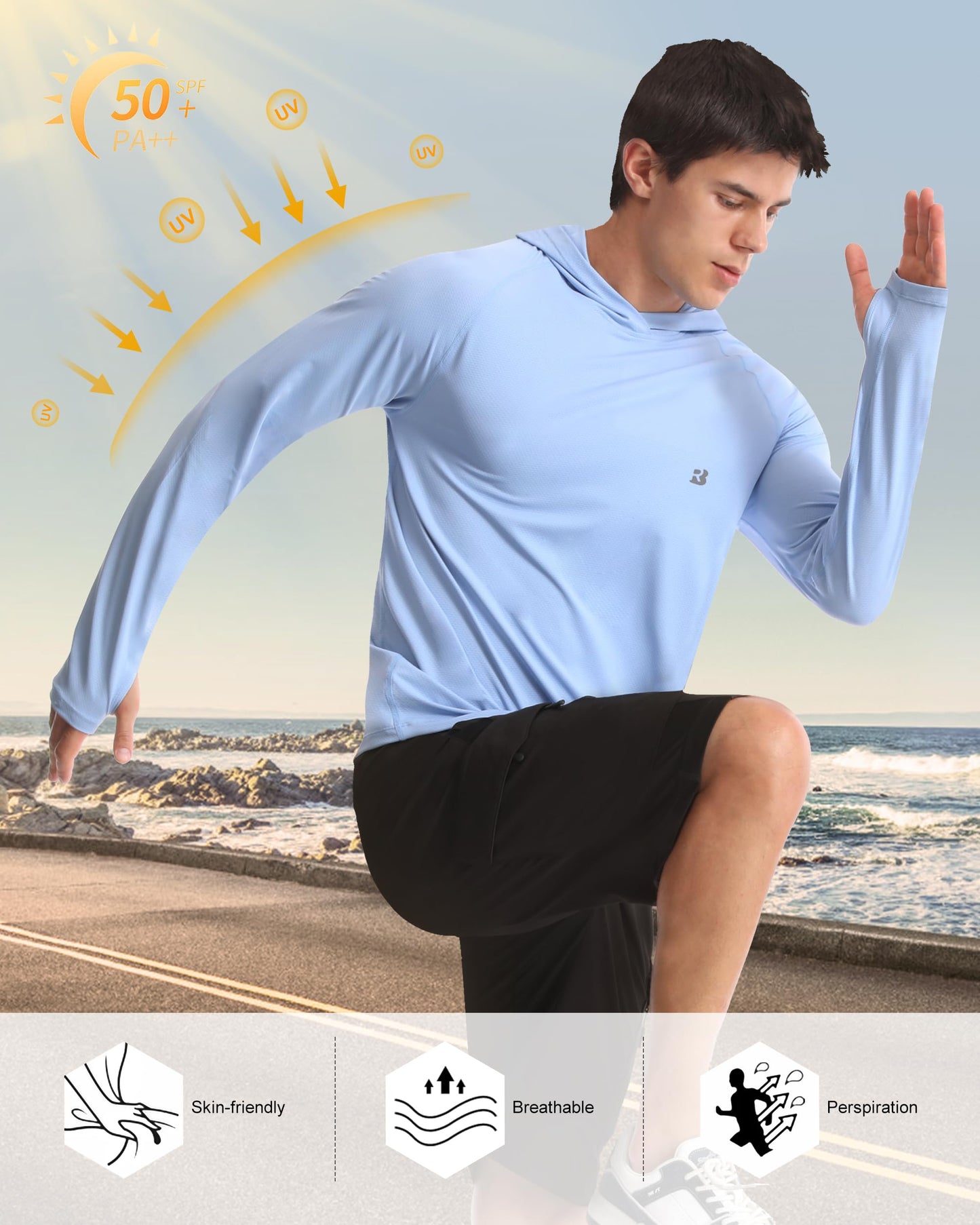 Roadbox UPF 50+ Fishing Shirts for Men, Long Sleeve UV Protection Sun Hoodie, Swim Rash Guard for Hiking Running Workout Blue