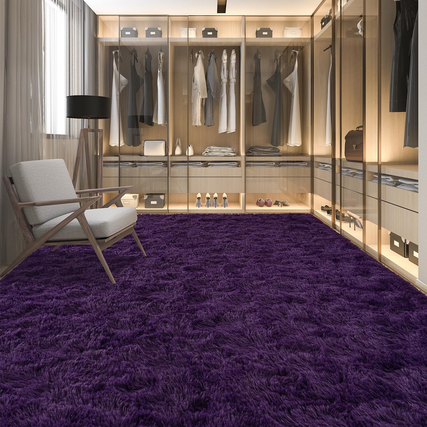 Rtizon Shag Area Rug for Bedroom, 8x10 Feet Fluffy Rugs for Living Room, Plush Carpet with Non-Slip Bottom for Office Girls Boy's Bed Bedside Nursery Room, Dark Purple