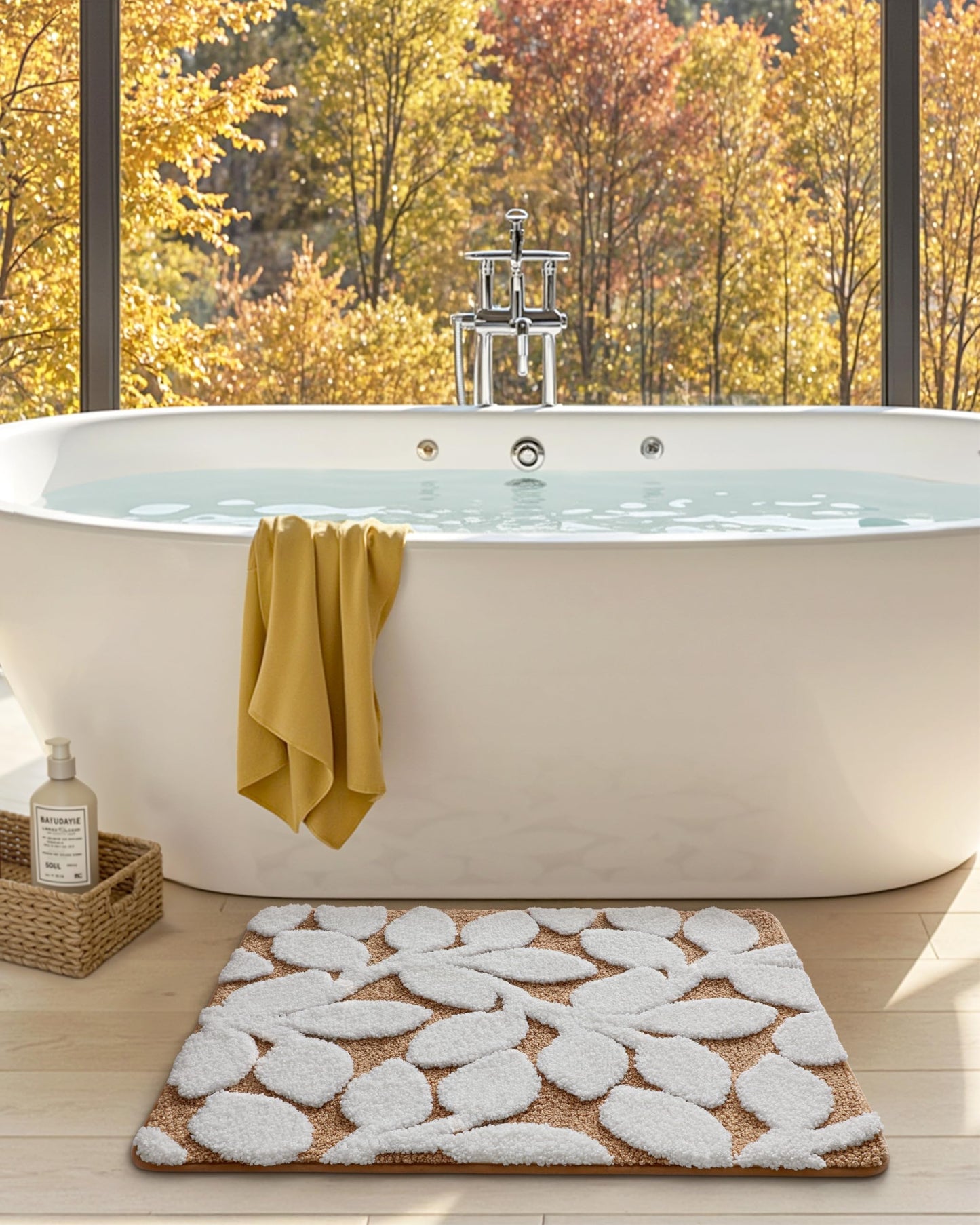 DEXI Bathroom Rugs 24x16, Boho White Leaf Bath Mat, Non Slip Washable Absorbent Quick Dry Bath Rugs, Extra Soft Plush Microfiber Bathmat for Shower Floor, Tub, Sink, Brown