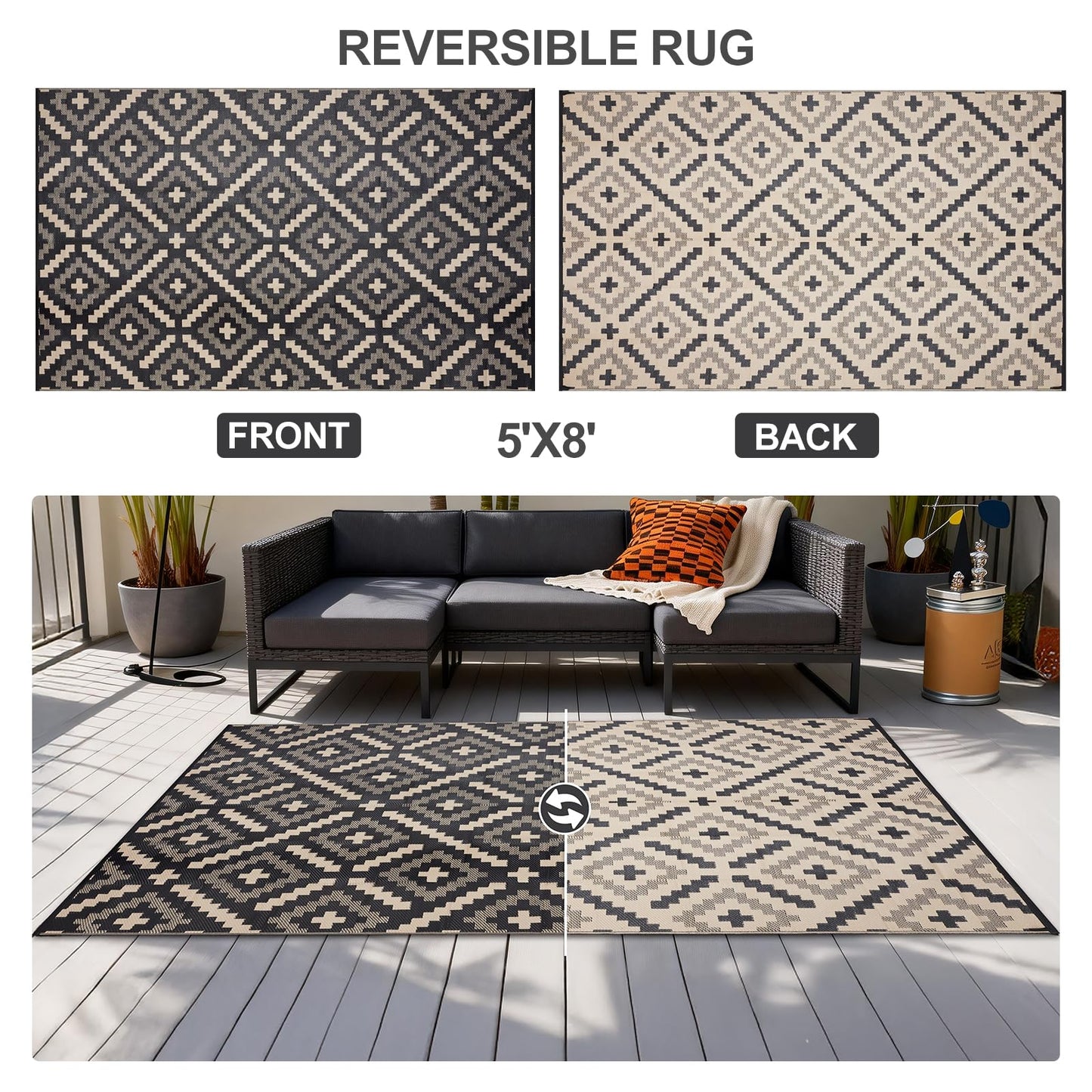 YONILE Outdoor Rug Waterproof for Patio,5x8 ft Outdoor Plastic Straw Rug,Reversible Plastic Area Rugs Mat Outside Carpet for RV, Deck, Porch, Picnic, Beach, Balcony