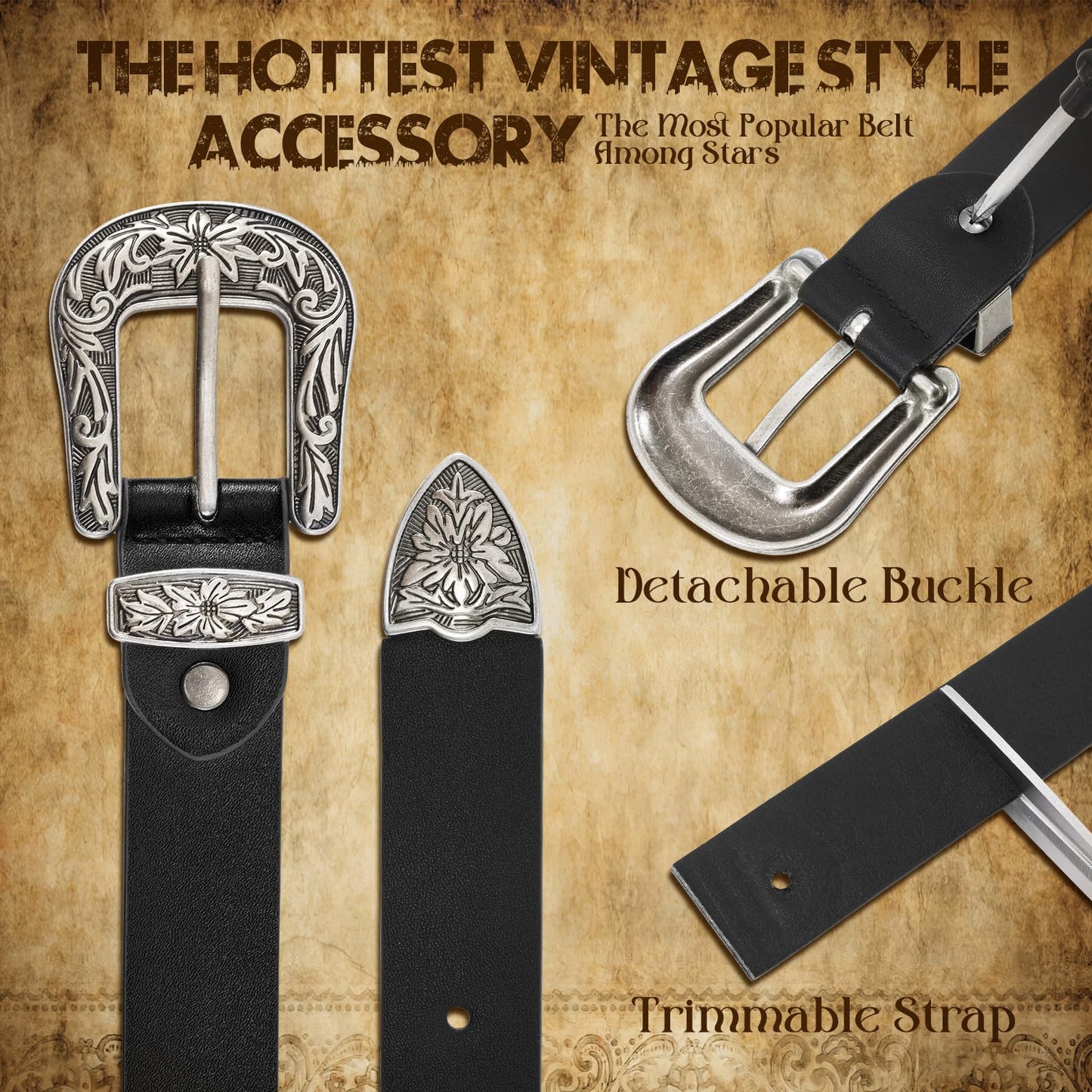 JASGOOD Women Leather Belts Ladies Vintage Western Belt Cowboy Cowgirl Country Belt Design Black Waist Belts for Pants Jeans Dresses