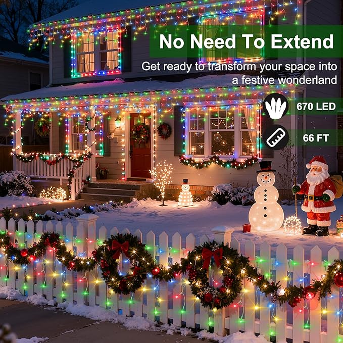 670 LED Christmas Lights with 148Drops, 66ft 12 Modes Hanging ice String Lights with Timer & Dimmable & Waterproof, Plug-in Fairy Lights for Indoor Outdoor Holiday Wedding Party Decorations Multicolor