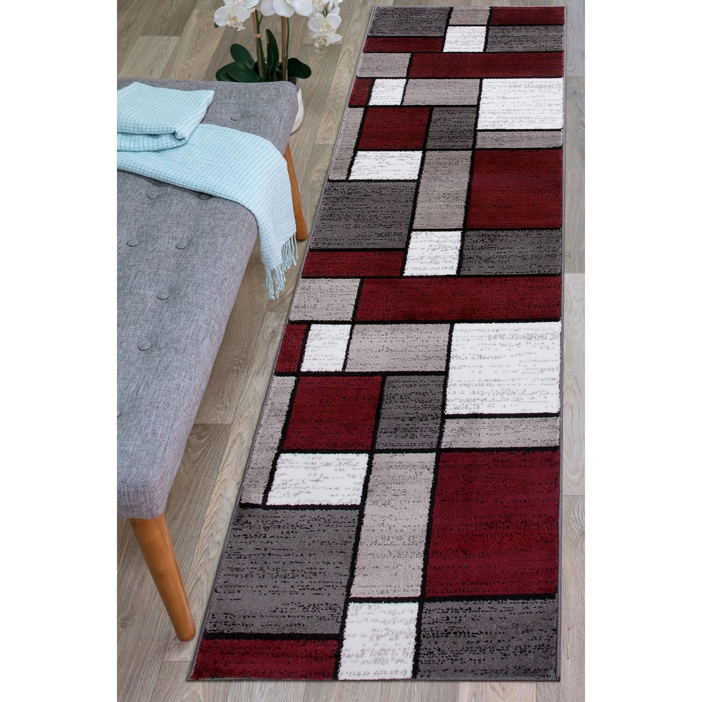 Rugshop Modern Geometric Boxes Red Area Rug, Carpet with Jute Backing for Hallway, Entryway, or Laundry Room, 2' x 7'2"