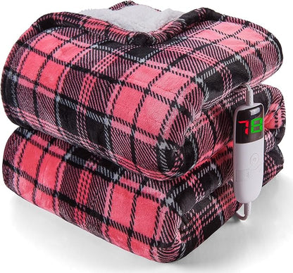 Pink Heated Blanket Electric Throw, 50X60, Heating Throw with 10 Levels & 8 Hours Auto Off, Plaid Checkered Sherpa Blanket Warmer Gifts for Women Mom Trendy Teen Girl, Home Decor for Living Room