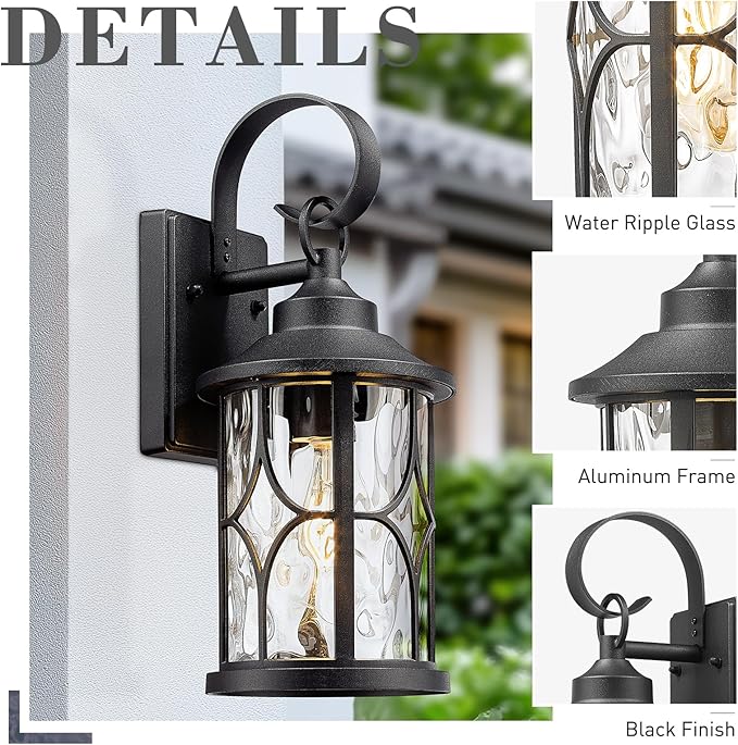 zeyu Wall Mounted Lantern Light, 15.5 Inch Outdoor Wall Light Fixtures for House in Black Finish, Die-Cast Aluminum with Water Ripple Glass, ZX111B BK-WG
