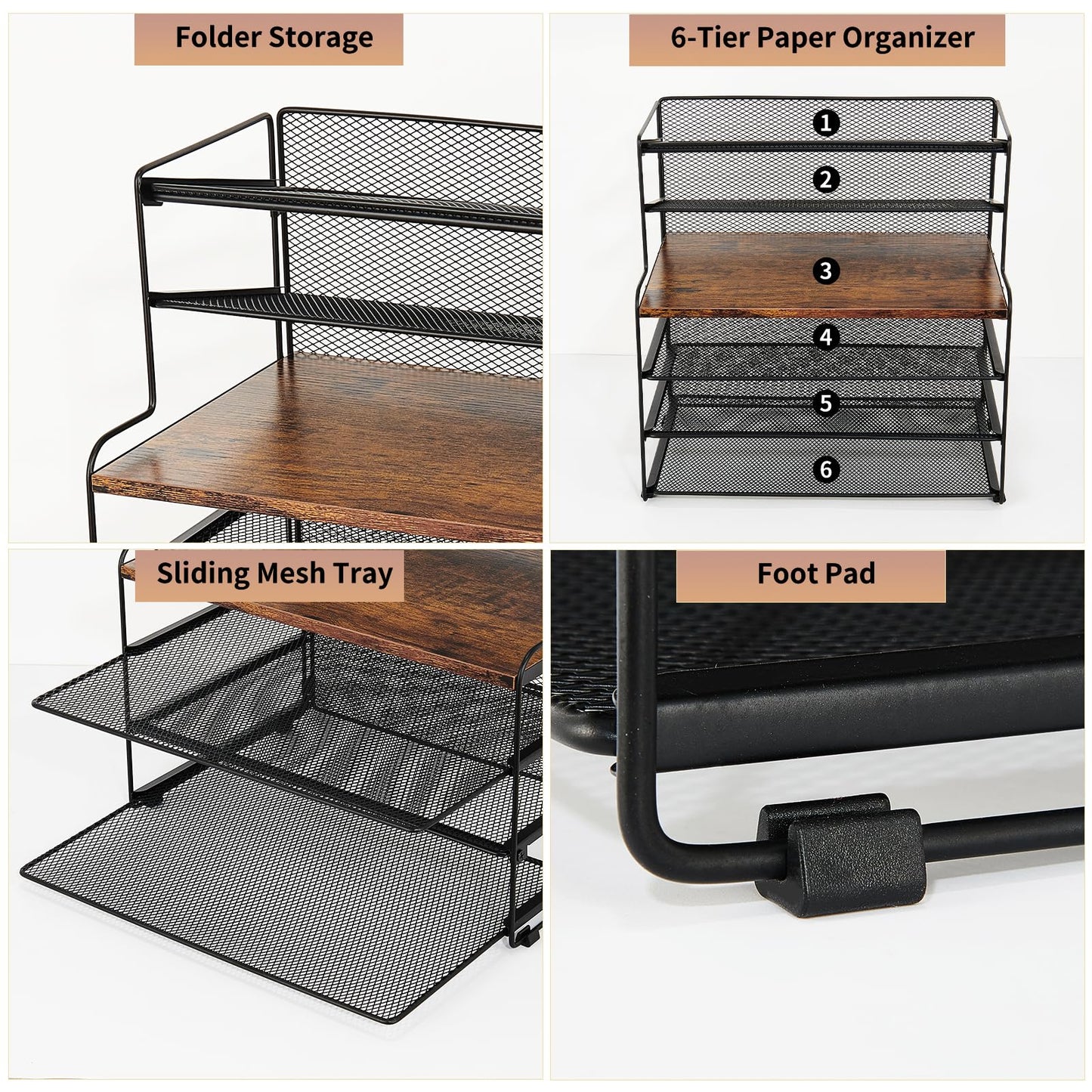 OPNICE 6-Tier Letter Tray Paper Organizer, Desk Organizers and Accessories, Desktop File Organizer, Office Desk Accessories for Office Supplies (Wood Brown)