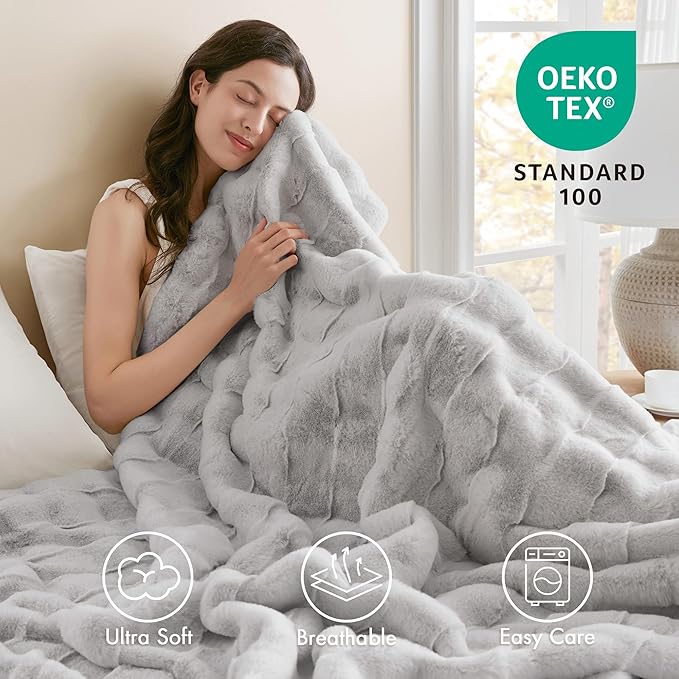 Madison Park Luxuriously Cozy Soft Long Faux Fur Basketweave Blanket, Reversible Soft & Snuggly Velvet Throw, Lightweight, Breathable, All Season, Trendy Room Décor, 50x60, Light Grey