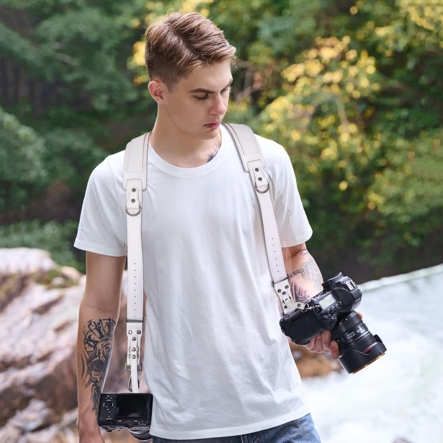 Padwa Lifestyle White Dual Camera Harness for Two Cameras - Wide Strap with Thick Shoulder Padded,Full Grain Leather Double Harness,Multi Camera Gear for DSLR Strap for Photographers