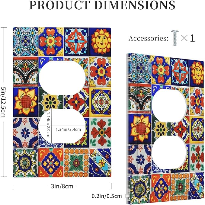 Traditional Colorful Talavera Mexican Spanish Moroccan Tiles 1 Gang Duplex Receptacle Switch Wall Plate Decorative Switchplate Outlet Covers Electrical Plug Cover Faceplate for Home Decor
