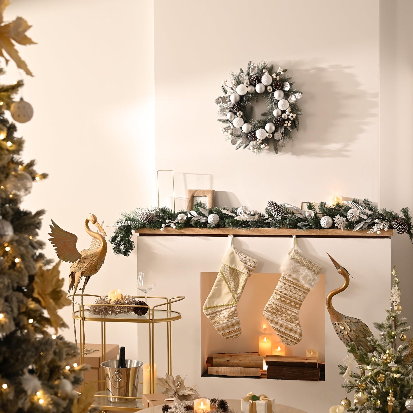Valery Madelyn 9 Feet Pre-Lit Christmas Garland with Lights for Mantle, Lighted Outdoor Xmas Garland with Silvery White Ball Pinecones for Home Stairs Fireplace Table Centerpiece Indoor Holiday Decor