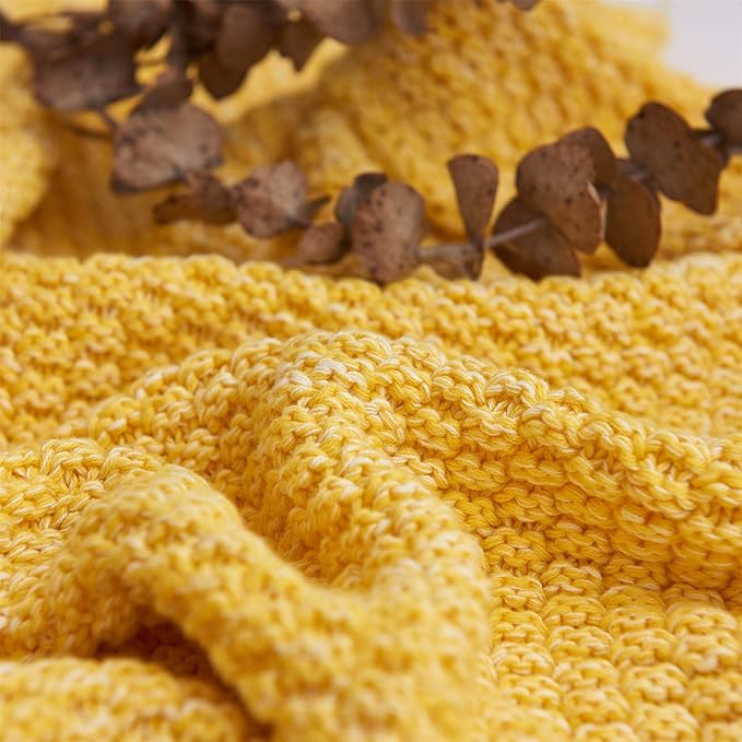 Longhui bedding Bright Yellow Knitted Throw Blanket for Couch, Soft, Cozy Machine Washable 100% Cotton Sofa Knit Blankets, Heavy 3.0lb Weight, 51 x 63 Inches, Yellow and White Color