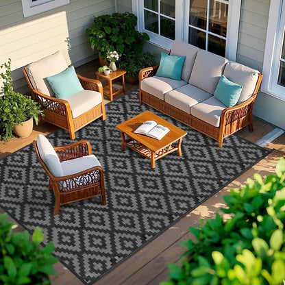 Outdoor Patio Plastic Straw Rug - 5x8 ft Outdoor Camping Rug Waterproof Reversible, Area Carpet Patios Clearance RV, Outside Porch Balcony Deck for Camper, Black & Grey