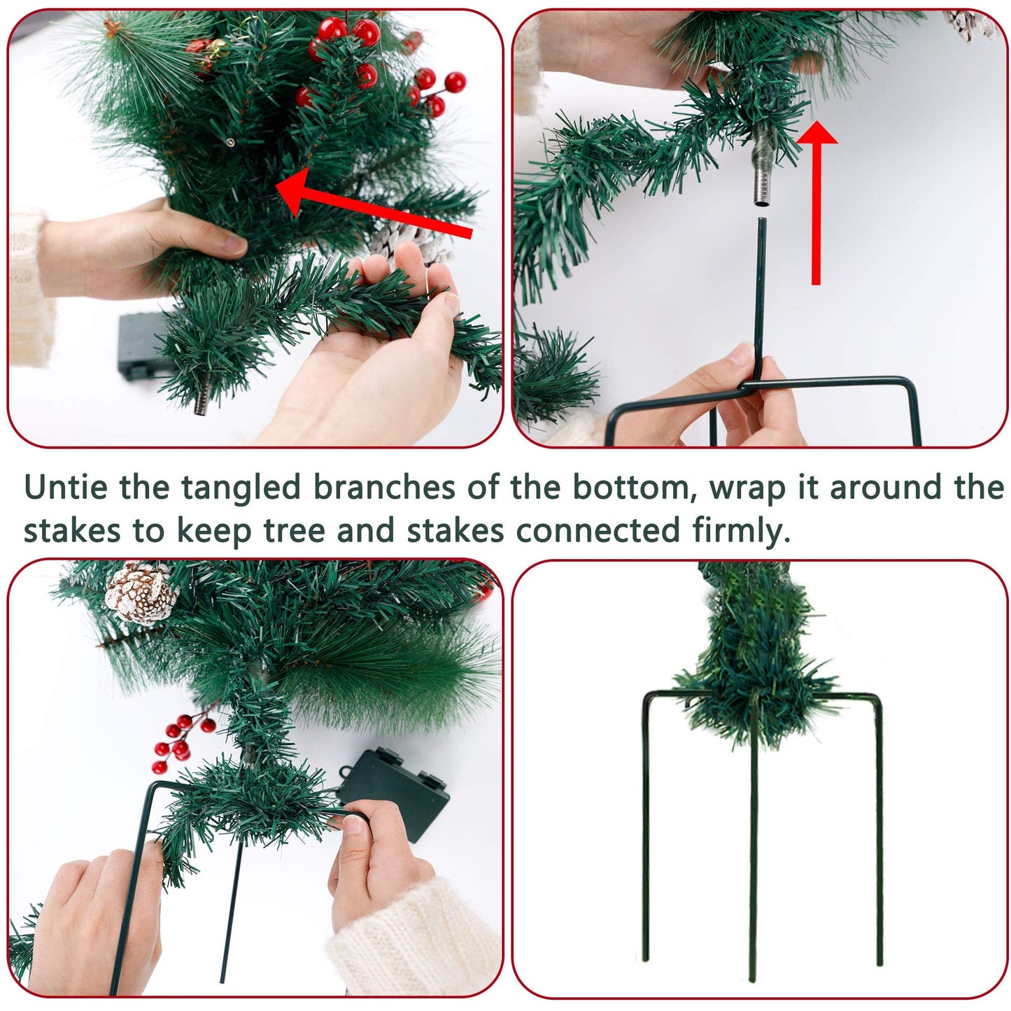 FORUP Set of 2 30 Inch Pre-Lit Pathway Christmas Trees Urn Filler, Outdoor Christmas Tree Decorations for Porch, Driveway, Yard, Garden, with 60 LED Lights, Red Berries, Pine Cones, Red Ball Ornaments