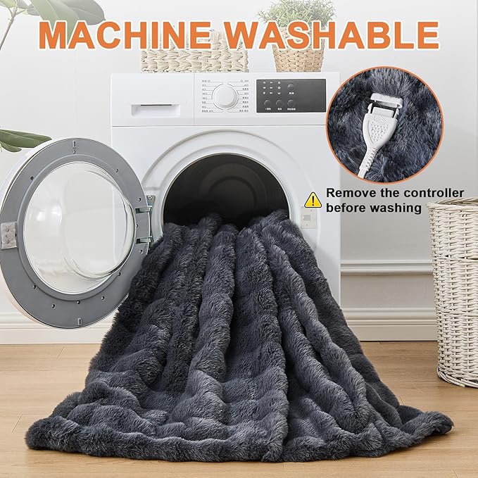 Heated Blanket Electric Throw Blanket 50''X 60''-Heating Blanket with 6 Heat Settings-4 Hours Auto Off,Cozy Faux Rabbit Fur Bubble Electric Blanket,Dark Gray