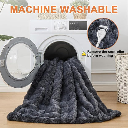 Heated Blanket Electric Throw Blanket 62''X 84''-Heating Blanket with 6 Heat Settings-10 Hours Auto Off,Cozy Faux Rabbit Fur Bubble Electric Blanket,Dark Gray