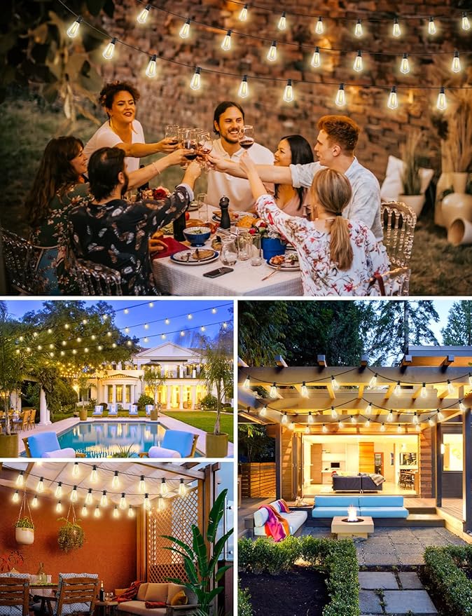 Brightever LED Outdoor String Lights with Remote, 100FT Commercial Grade Waterproof Outdoor Patio Lights, 30+2 ST38 Dimmable Edison Bulbs, 2700K Warm White Rope Light for Outside, Low Voltage 24V