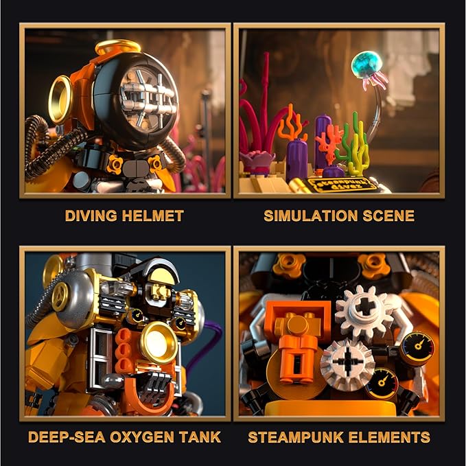 Steampunk Diver Building Set for Adults Deep Sea Diving Explorer Model Cool Diver Robot Collectible Display Model Creative Building Toy Gifts (1287 Pieces