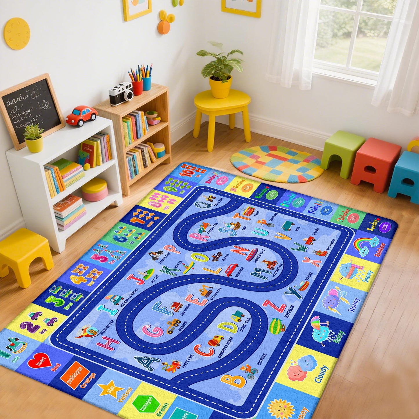 Kids Rug for Playroom, Educational Classroom Rug for Kids Room, Washable Nursery Rugs, Soft Non-Slip Play Mat for Learning ABC Carpet, Vehicles, Numbers, Animals, Colors, Shape, Season 5x7 Feet