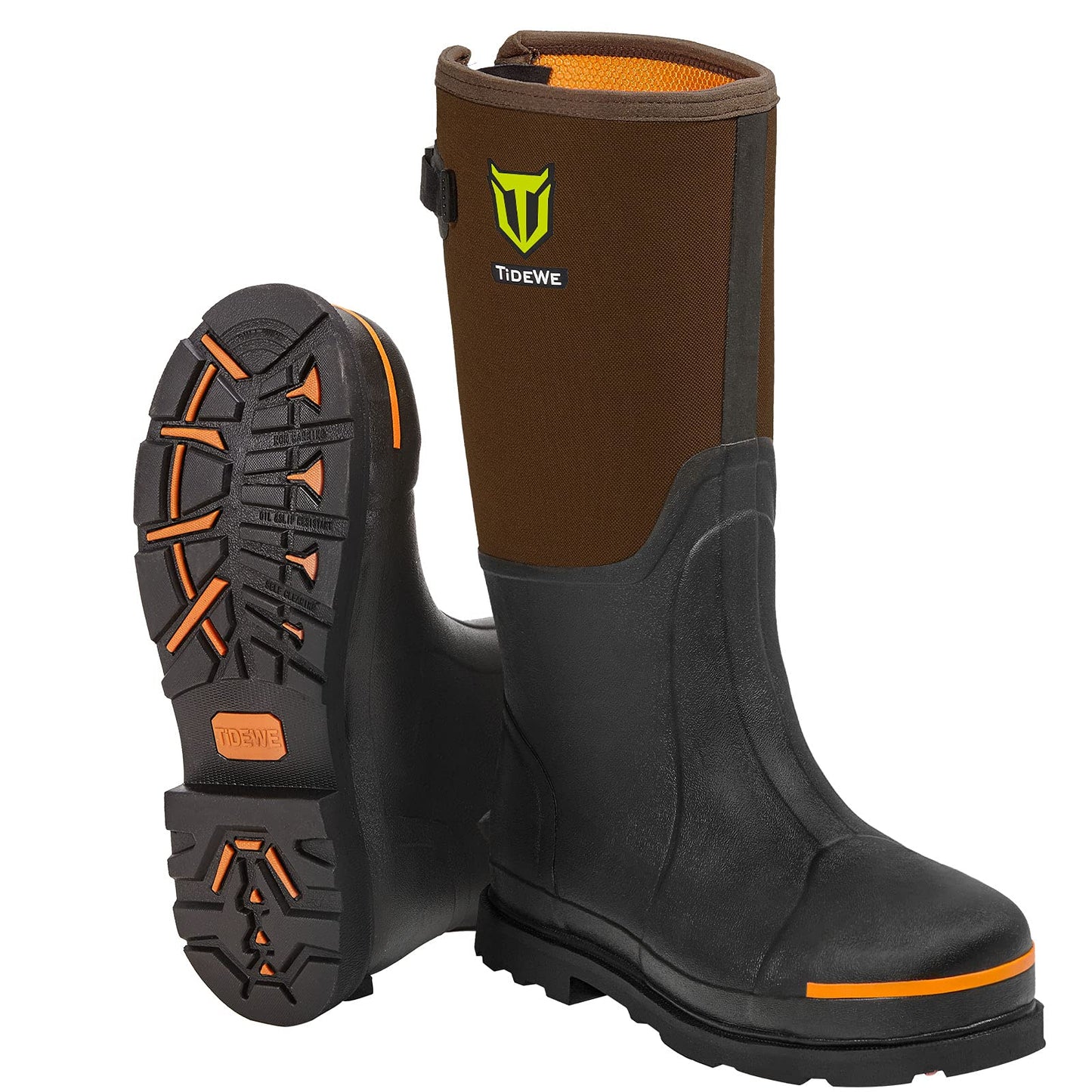TIDEWE Rubber Work Boot for Men with Steel Toe & Shank, Waterproof Anti Slip Hunting Boot, 6mm Neoprene Hunting Boot for Manufacturing, Construction, Farming, Brown, Size 7