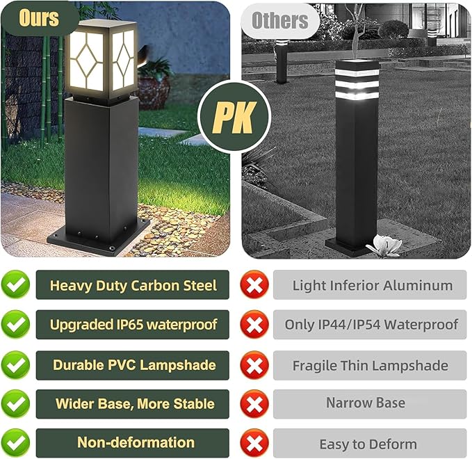2Pack Landscape Path Lights 24" IP65 Waterproof Bollard Lights, Heavy Duty Steel Stable Widened Base E27 Lamp Holder, Modern Outdoor Path Lights Bollard for Lawn, Patio, Courtyard, Driveway, Lozenge