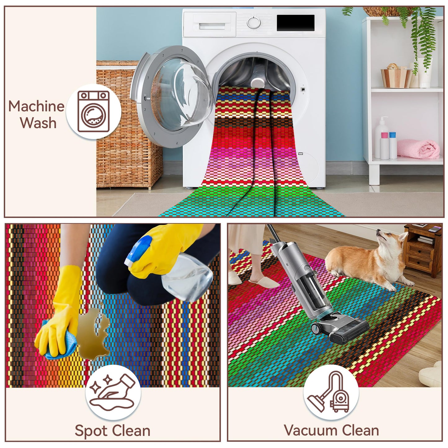 Mexican Ethnic Rug for Living Room 5x7,Boho Rainbow Stripes Machine Washable Area Rug Soft Stain Resistant Floor Large Carpet for Bedroom,Farmhouse,Dining Room,Kids Playroom
