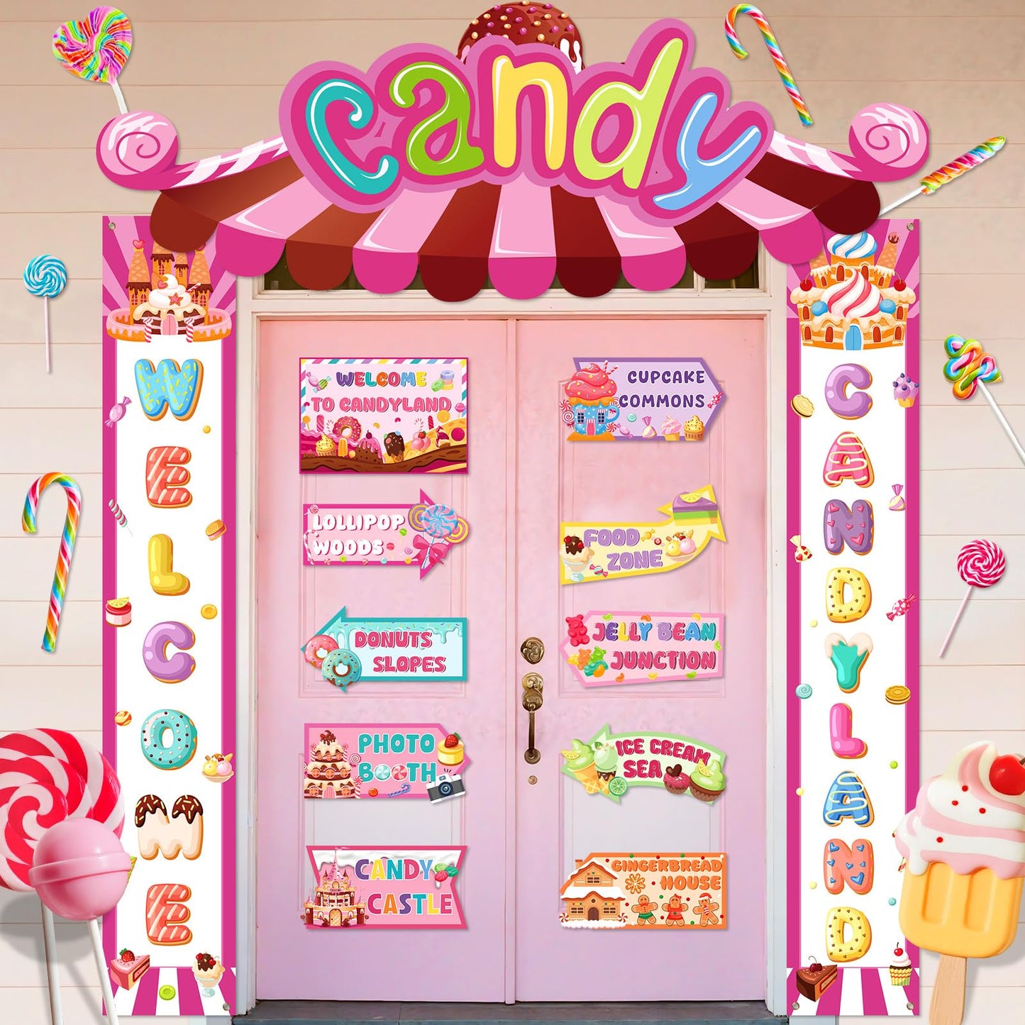 Candyland Party Decorations Welcome Candyland Door Banner Porch Sign Lollipop Paper Cutouts Sweet Candy Theme Party Supplies for Kids Candy Land Birthday Baby Shower Halloween Christmas Decor