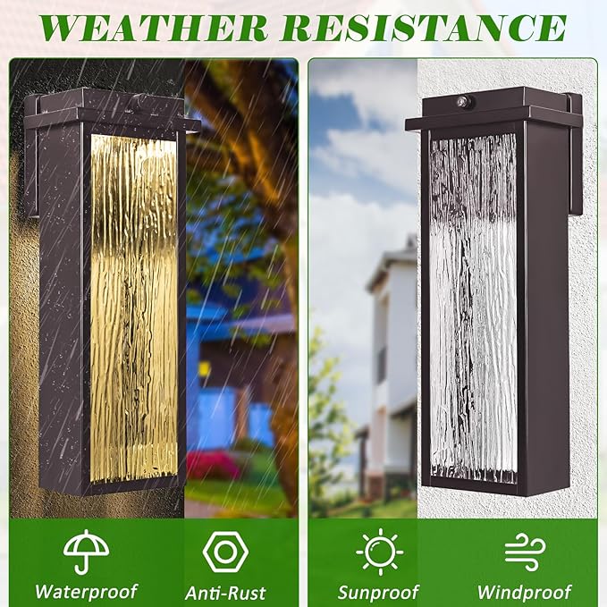Oil Rubbed Bronze LED Dusk to Dawn Outdoor Lighting 2 Packs, 16" Large Outside Farmhouse Wall Lantern Brown, Industrial Porch Wall Mount Light Fixture with Rippled Glass, Modern Exterior Sconce Lamp