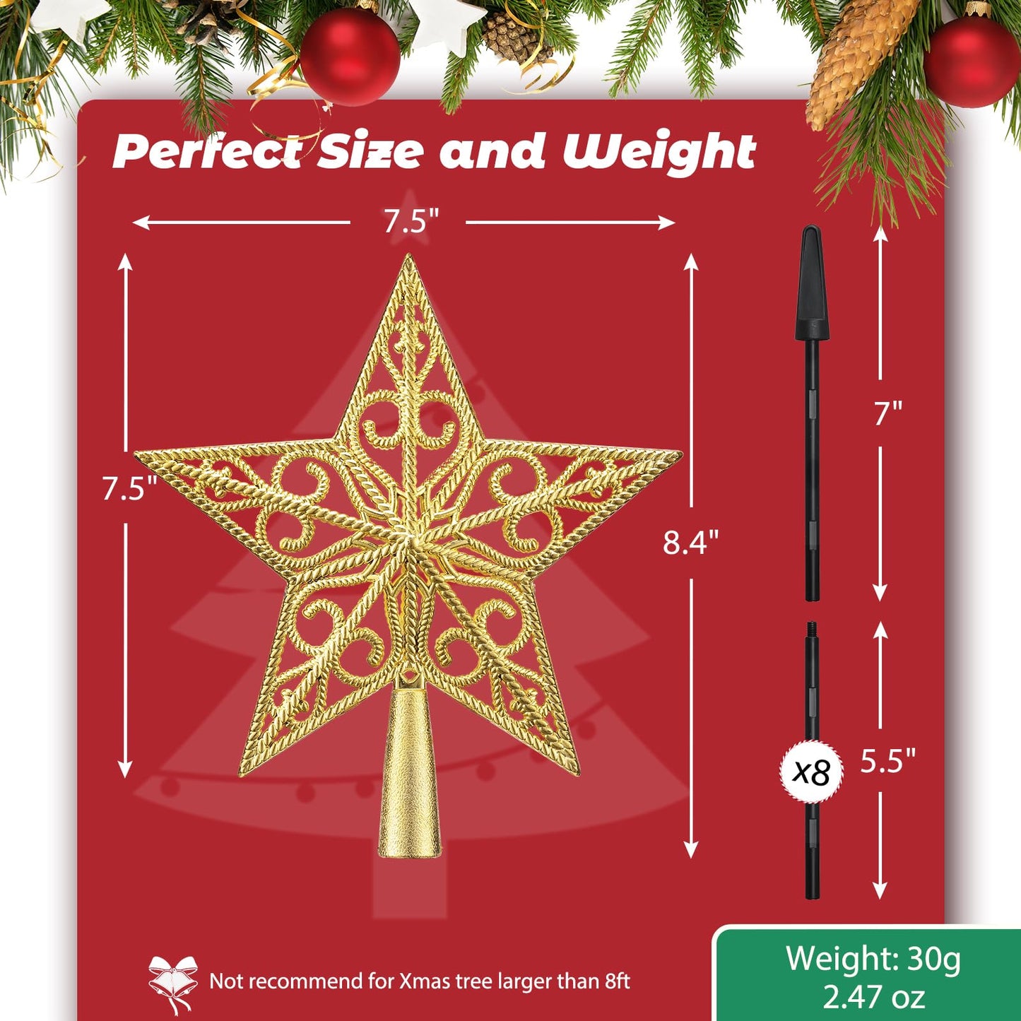 Christmas Tree Topper, 7.5 Inch Gold Star Tree Topper with Topper Stabilizer Supporter, Xmas Star Treetop Toppers Christmas Trees Decorations Ornaments for Holiday Home Decor
