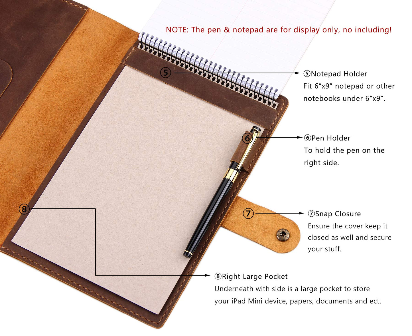 Robrasim Leather Cover for 6"x9" Steno Notebook, Leather Folio Cover Compatible with 6x9 Spiral Steno Pads, A5 Notebook Organizer with Pen Loop - Brown