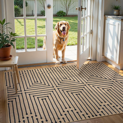 Lahome Boho 3x5 Washable Rugs for Entry, Easy Jute Indoor Outdoor Porch Rugs, Maze Lines Modern Throw Rug Non Slip Stain Resistant Door Mat for Bedroom Living Room Deck