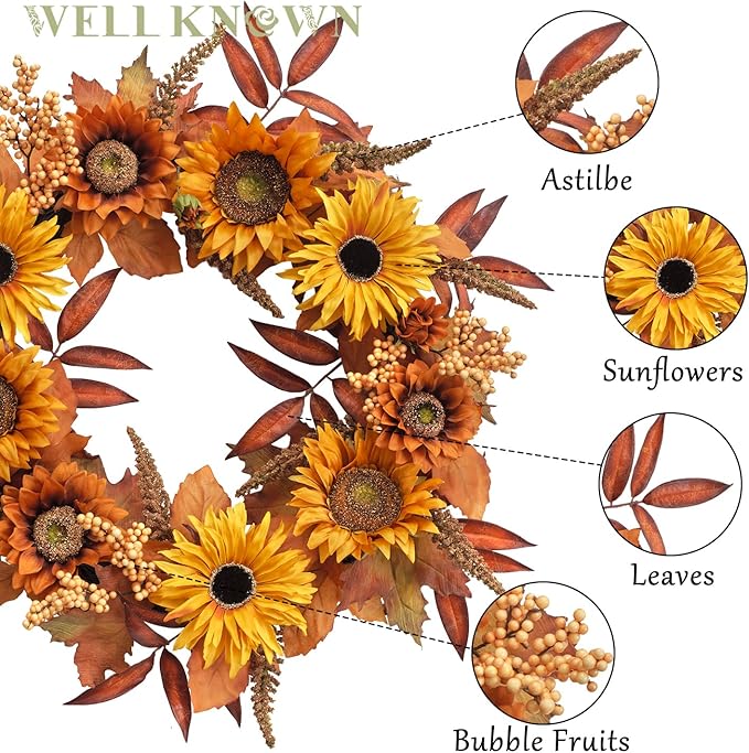 WELL KNOWN 21 Inch Burnt Orange Sunflower Wreaths for Front Door, Summer and Fall Door Wreath, Handmade Silk Sunflower Decor for Home Party Festival Wedding Decor