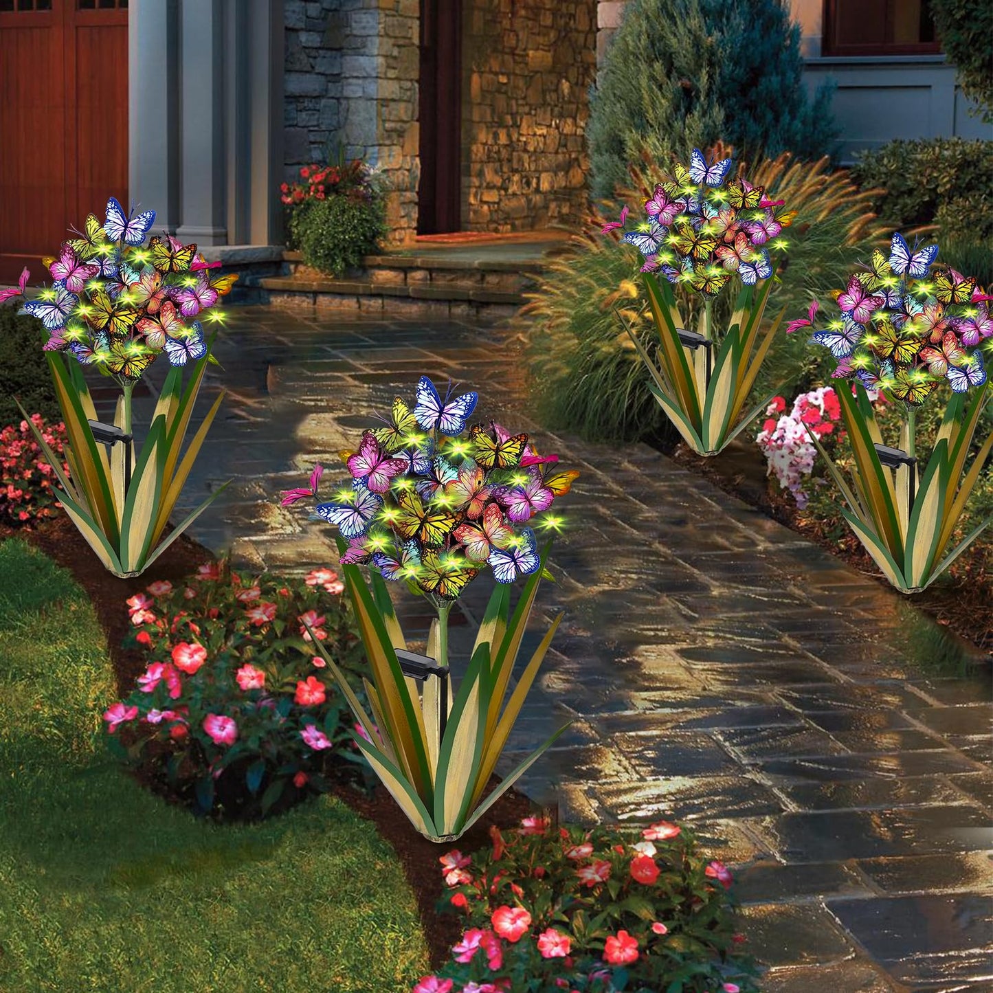 Homight Solar Metal Agave Butterfly Flower Stick Garden Sculpture Outdoor Gift Solar Garden Christmas Lights Swaying Butterfly Sunflower Garden Lights Solar Outdoor Statues (3 PCS Light Green)
