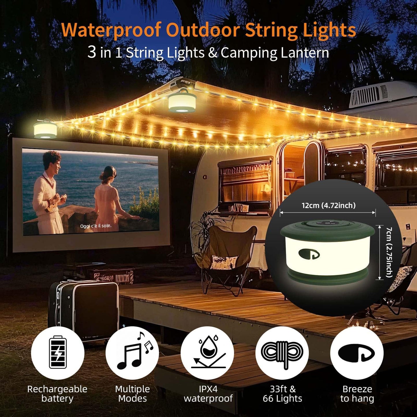 TOHETO Camping String Lights, 3 in 1 Upgraded Retractable RGB Outdoor String Lights with 19 Lighting Modes, Quick 30s Recovery, 32.8 FT Portable Tent Lights, Rechargeable Camping Lantern (Green)